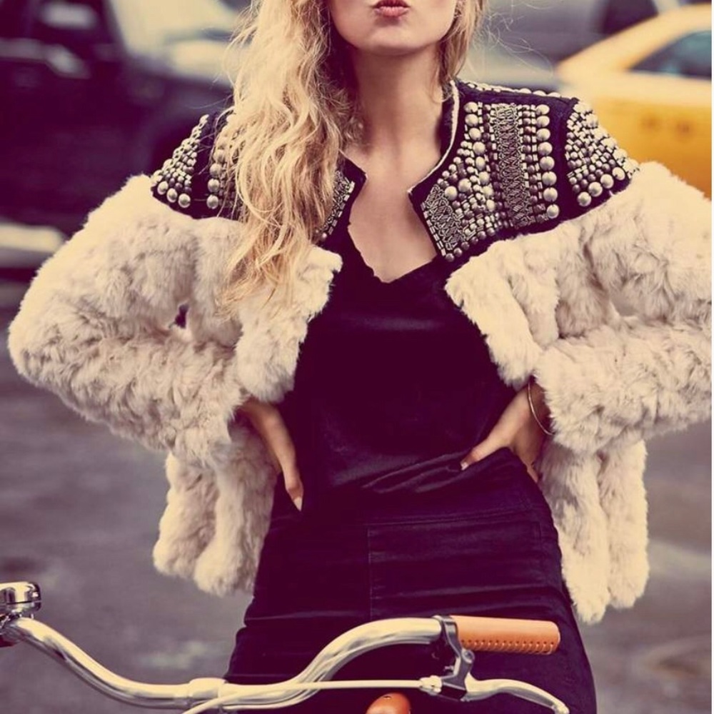 Faux fur jacket with mirror sequins